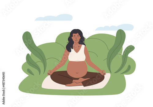 Pregnant black woman meditating outdoors. Prenatal yoga. African dark skin woman in park sitting with legs crossed practicing meditation. Relaxing exercise during pregnancy. Flat vector illustration.