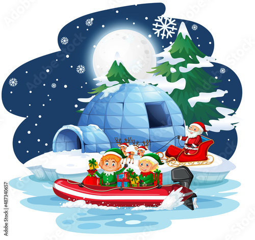 Snowy night with elves delivering gifts by boat