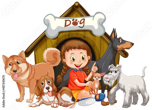 A girl with her cute dogs in cartoon style