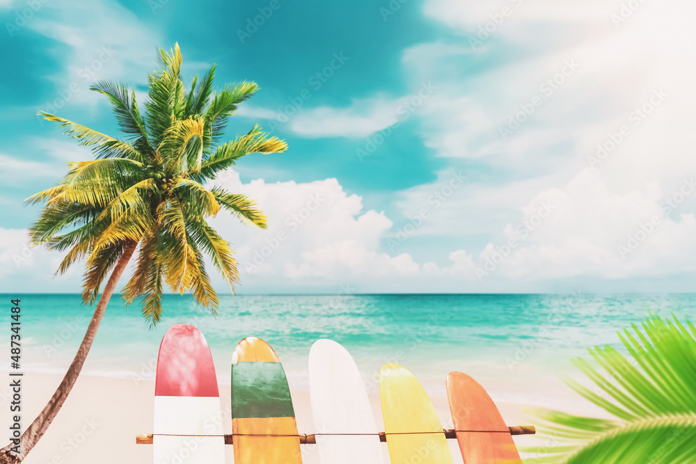 Surfboard and palm tree on beach background. Stock Photo | Adobe Stock