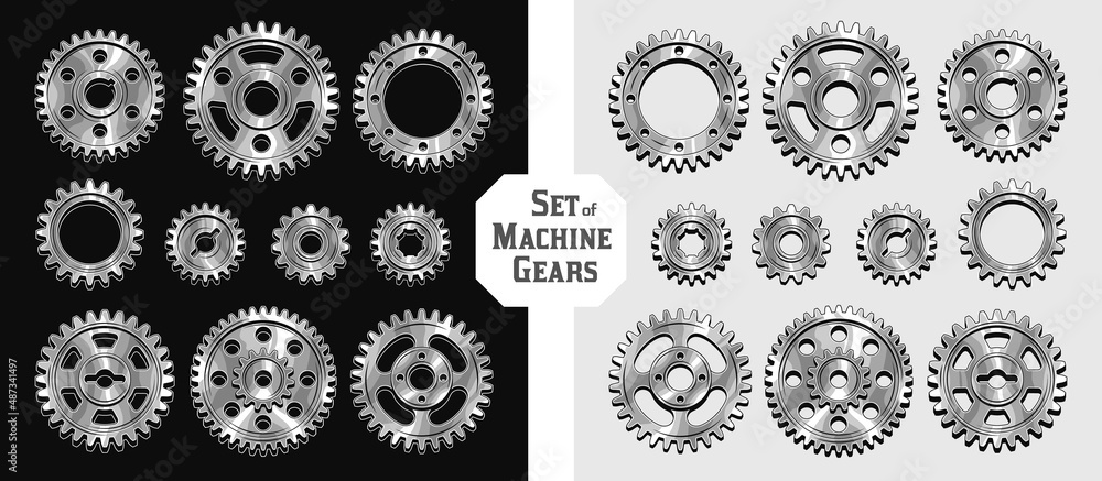 Set of machine silver steel polished gears in vintage style. Good for decoration in steampunk style. Vector.