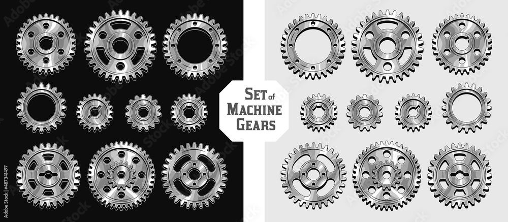 Set of machine silver steel polished gears in vintage style. Good for decoration in steampunk style. Vector. Set of machine silver steel polished gears in vintage style. Good for decoration in steampunk style. Vector.