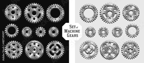 Set of machine silver steel polished gears in vintage style. Good for decoration in steampunk style. Vector.