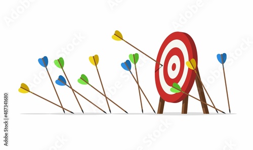 Many arrows missed their target. Several unsuccessful inaccurate attempts to hit the target of archery. Metaphor for failure in business. Fail concept, Vector illustration photo