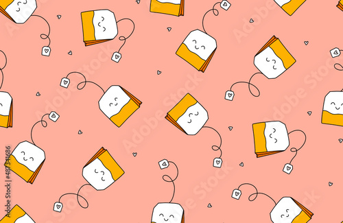 Tea bag seamless pattern, kawaii childish design. Tea time Nursery romantic collection , good morning design  in pink