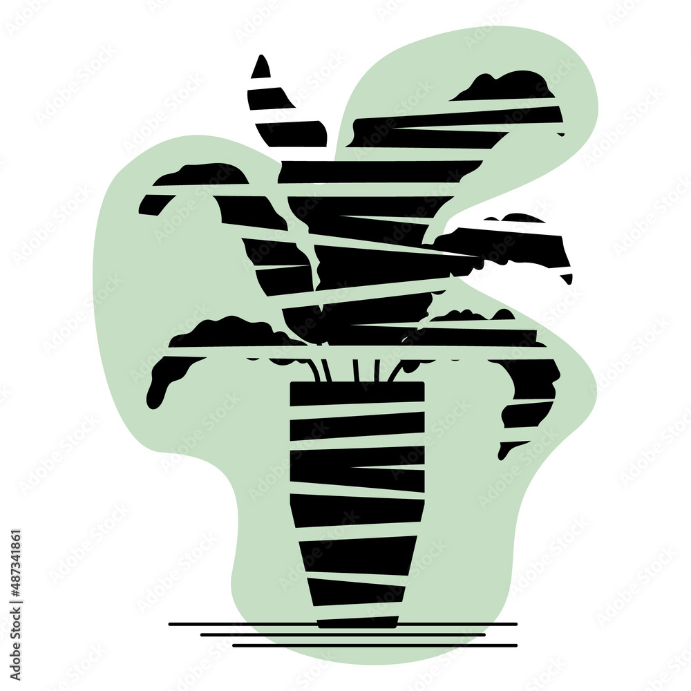 Potted houseplant. A dense large sheet. A plant in a flower pot for home and office. A stylized plant. Vector icon, glyph, silhouette with a slot, abstract green background, isolated Potted houseplant. A dense large sheet. A plant in a flower pot for home and office. A stylized plant. Vector icon, glyph, silhouette with a slot, abstract green background, isolated