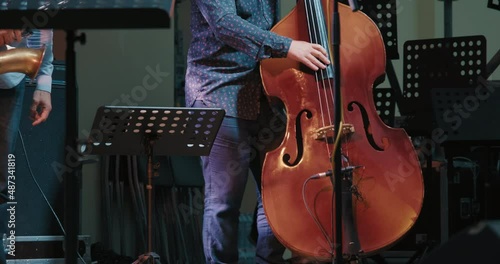 Caucasian man at a concert plays jazz and blues on a contrabass without a bow. Live, musical performance and virtuosity of playing double bass, musical instrument
