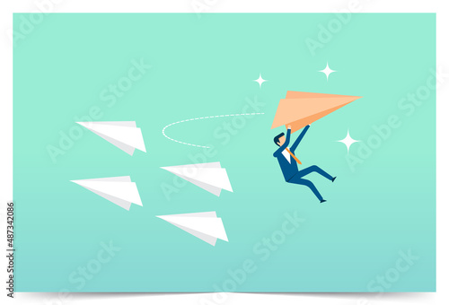 Paper plane go to success goal, airplanes teamwork flying, business start up, leadership, creative idea, different Approach