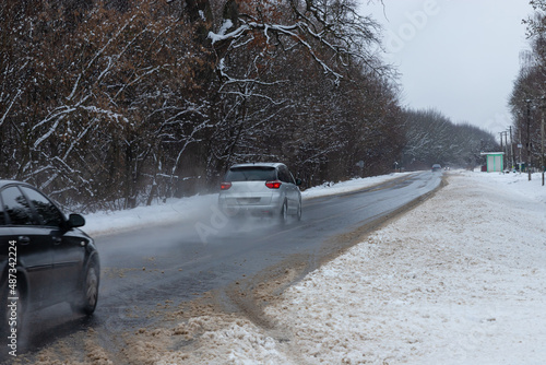 driving in winter after a snowfall, ice on the road, temperatures below zero