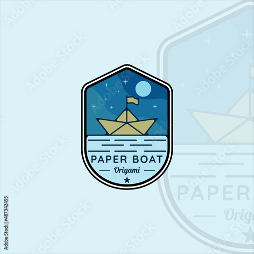 paper boat emblem logo vintage with outline line art vector illustration template icon graphic design. origami boat concept with label badge style