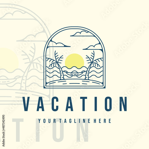 vacation or beach logo line art vector illustration template design. tropical island with hammock on the beach palm tree for vacation logo line art with badge vector illustration concept design
