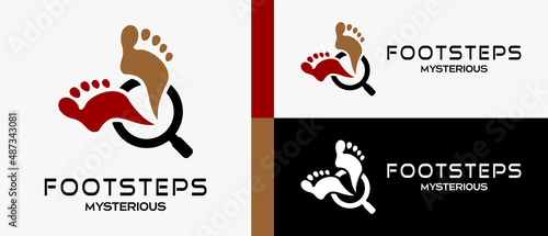 Human footprints logo design template in silhouette and magnifying glass icon with creative and cool concept. premium vector logo illustration