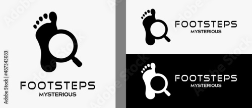Human footprints logo design template in silhouette and magnifying glass icon with a creative and simple concept. premium vector logo illustration