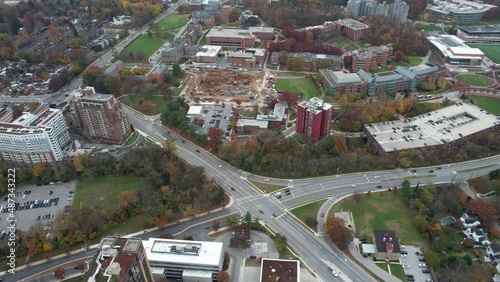 Aerial View of Towson, Maryland USA. Roads Traffic and University Campus Buildings, Drone Shot photo