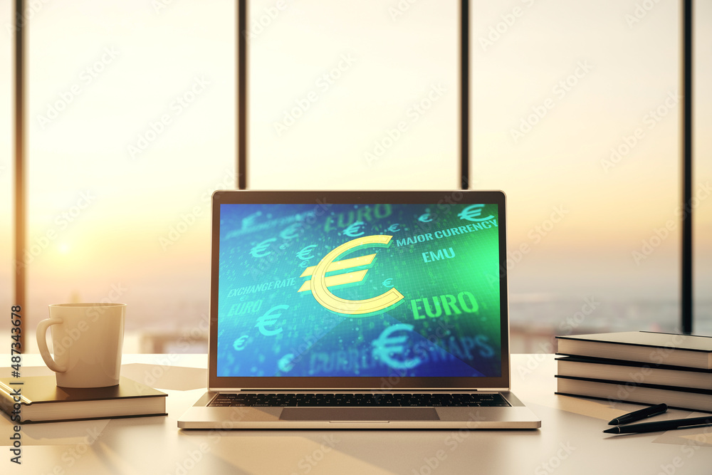 Fototapeta premium Creative EURO symbols illustration on modern computer monitor, forex and currency concept. 3D Rendering