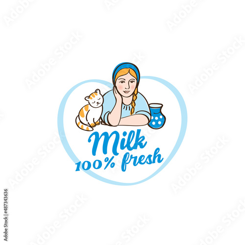 Beautiful young woman with cat and jug of milk. Dairy farm sketch. Vector illustration.