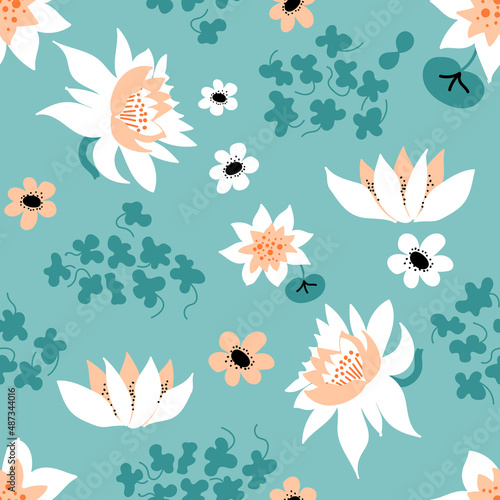 Water lilies, duckweed and abstract flowers. Floral seamless pattern. Vector background. Perfect for printing on the fabric, design package and cover