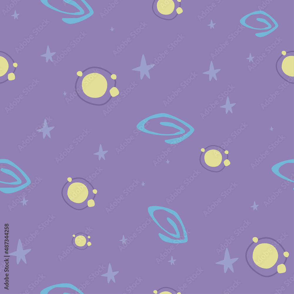 colorful space seamless pattern with planets, comets, stars. Night sky hand drawn astronomical background. childish pattern with space elements.