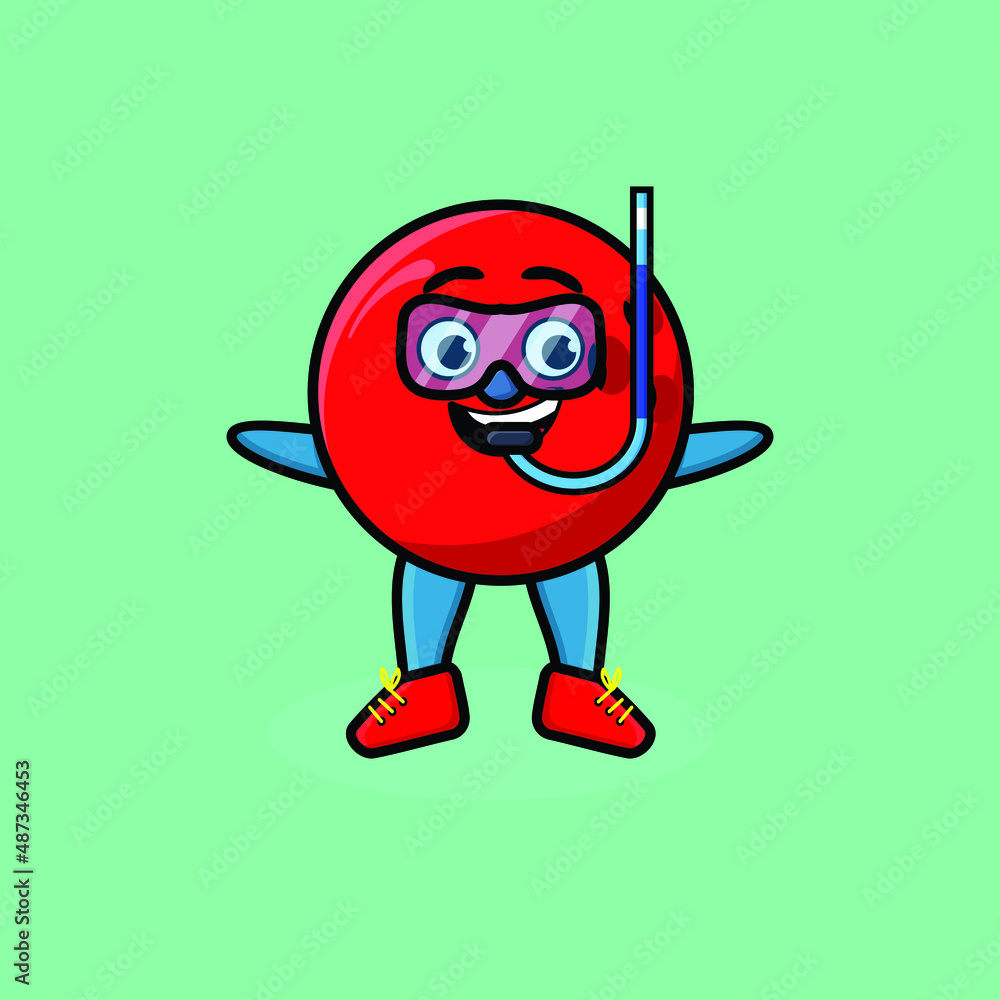 Cute cartoon bowling ball diver with swimming glass in 3d modern style design Cute cartoon bowling ball diver with swimming glass in 3d modern style design