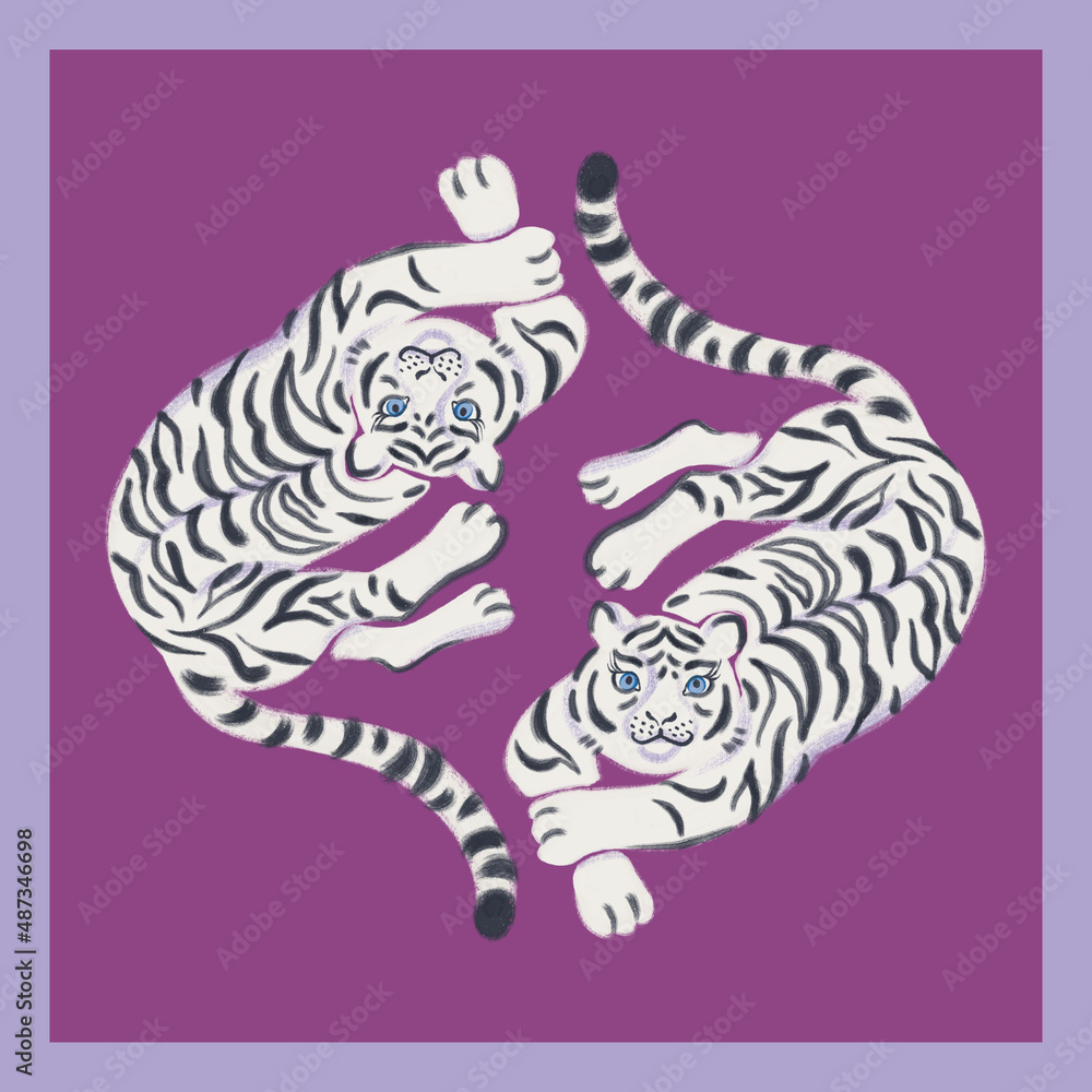 Illustration with white tiger on the purple background