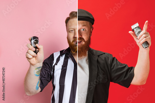 Artwork. Composite image of two halves of body of referee and hairdresser isolated on pink and red background. Concept of occupation, diversity, caree, labor and hobby photo