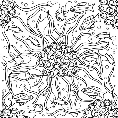 Underwater coloring book page for adult. Fish and coral,algae seaweed , under sea world. Vector illustration.