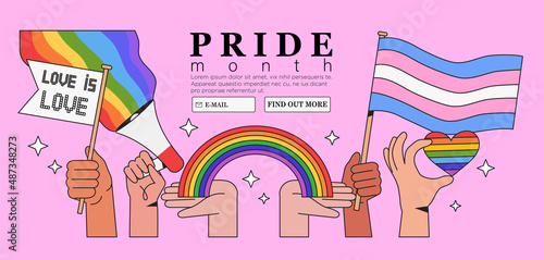 People hold megaphone and flags with lgbt rainbow and transgender flag during pride month celebration against violence, descrimination, human rights violation. Equality and self-affirmarmation.