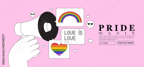 People hold megaphone with speech bubbles announcing the beginning of pride month or week celebration against violence, descrimination, human rights violation. LGBTQ community holiday banner, placard.