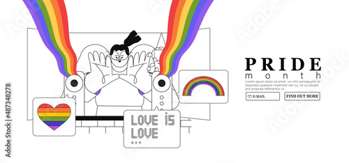 Happy people turn on loudspeaker announcing the beginning of pride month or week celebration against violence, descrimination, human rights violation. Lgbtq greeting card, banner, placard or poster.