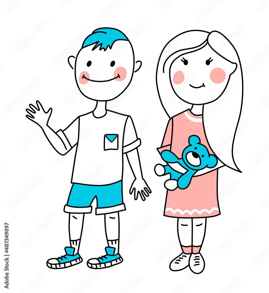 Boy and girl. Two cute kids and a teddy bear. Boy and girl. Two cute kids and a teddy bear.