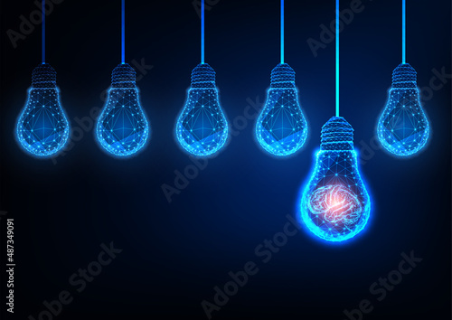 Futuristic innovation, brainstorm concept with glowing low polygonal lightbulb and human brain 