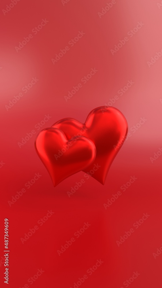 Two red shiny metallic hearts on a burgundy background. A simple template for a romantic card for Valentine's Day, Women's Day, wedding or phone wallpaper. 3d rendering, vertical image