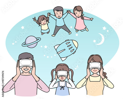VRゴーグルで宇宙遊泳を楽しむ家族