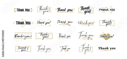Thank you lettering. Black text word with gold stars. Hand drawn message design. Handwritten modern brush typo isolated vector. Scratched calligraphy style.