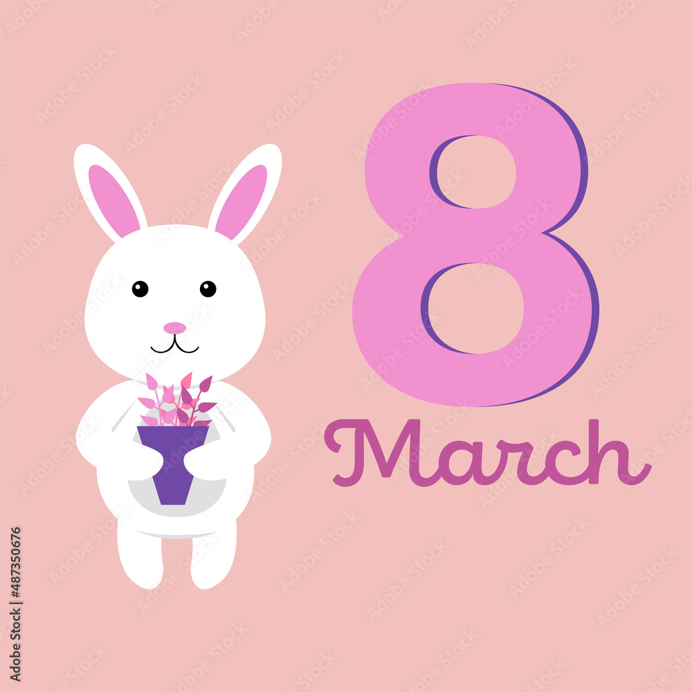 8 march card. Funny rabbit with bouquet of flowers on pink background. Vector illustration for Women's day 8 march card. Funny rabbit with bouquet of flowers on pink background. Vector illustration for Women's day