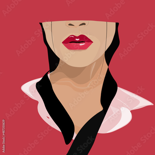 A girl with scarlet lips with an untied tie in a white shirt on a pink background