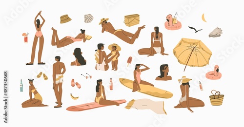 Hand drawn vector abstract stock graphic summer time cartoon,minimalistic style illustrations collection set with bohemian beautiful people sunbathes and relax on the sunset beach,minimalistic style.