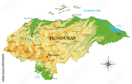 Honduras highly detailed physical map photo