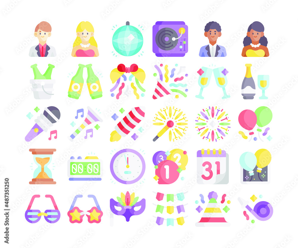 Simple set of 30 New Year icons in detailed flat style Simple set of 30 New Year icons in detailed flat style