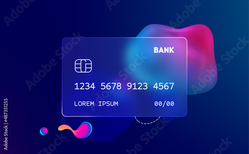 Glass morphism credit card template. Plastic rectangle of transparent plastic with blur effect. Liquid shapes morphism abstract art.