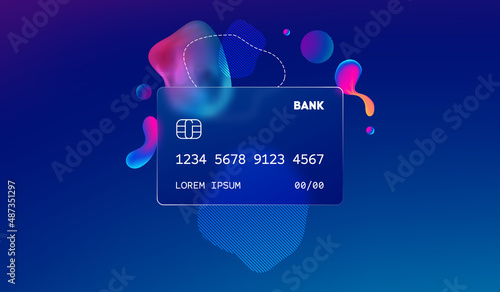 Glass morphism credit card template. Plastic rectangle of transparent plastic with blur effect. Liquid shapes morphism abstract art.