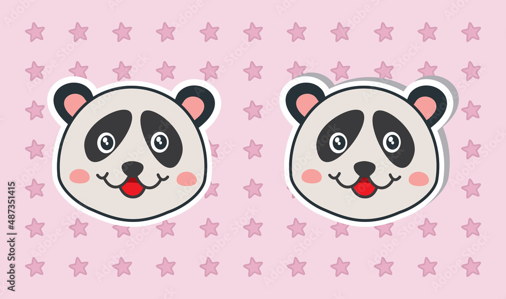 Obraz premium Stickers with shadow of a cute young panda with a smile on a light pink background with little stars
