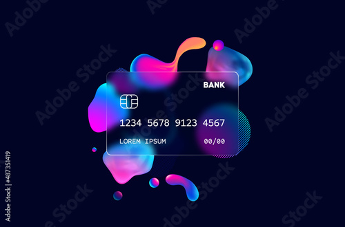 Glass morphism credit card template. Plastic rectangle of transparent plastic with blur effect. Liquid shapes morphism abstract art.
