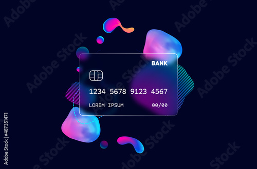 Glass morphism credit card template. Plastic rectangle of transparent plastic with blur effect. Liquid shapes morphism abstract art.