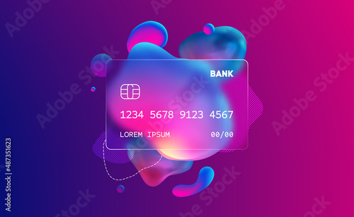 Glass morphism credit card template. Plastic rectangle of transparent plastic with blur effect. Liquid shapes morphism abstract art.