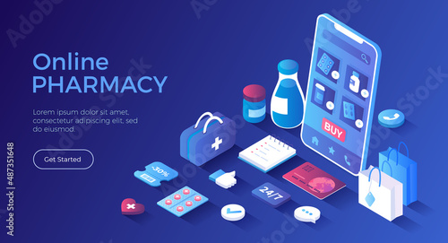 Online pharmacy, medical store. Health service, medical care app. Healthcare, doctor prescription, medicaments in drugstore. Isometric landing page. Vector web banner.