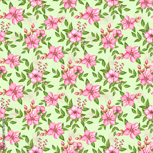 Floral watercolor pattern with pink cherry blossom