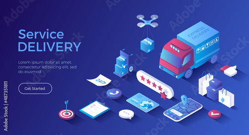 Delivery Service. Express delivery, Online tracking shipping order. Delivery truck, drone, mobile app, parcels. Isometric landing page. Vector web banner.