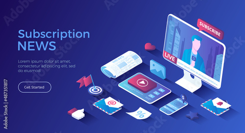 Online news and media news sources, Breaking news, Newsletter subscription, update. Website with broadcaster on the monitor. Isometric landing page. Vector web banner.