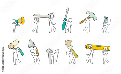 Doodle cartoon little men and tools.